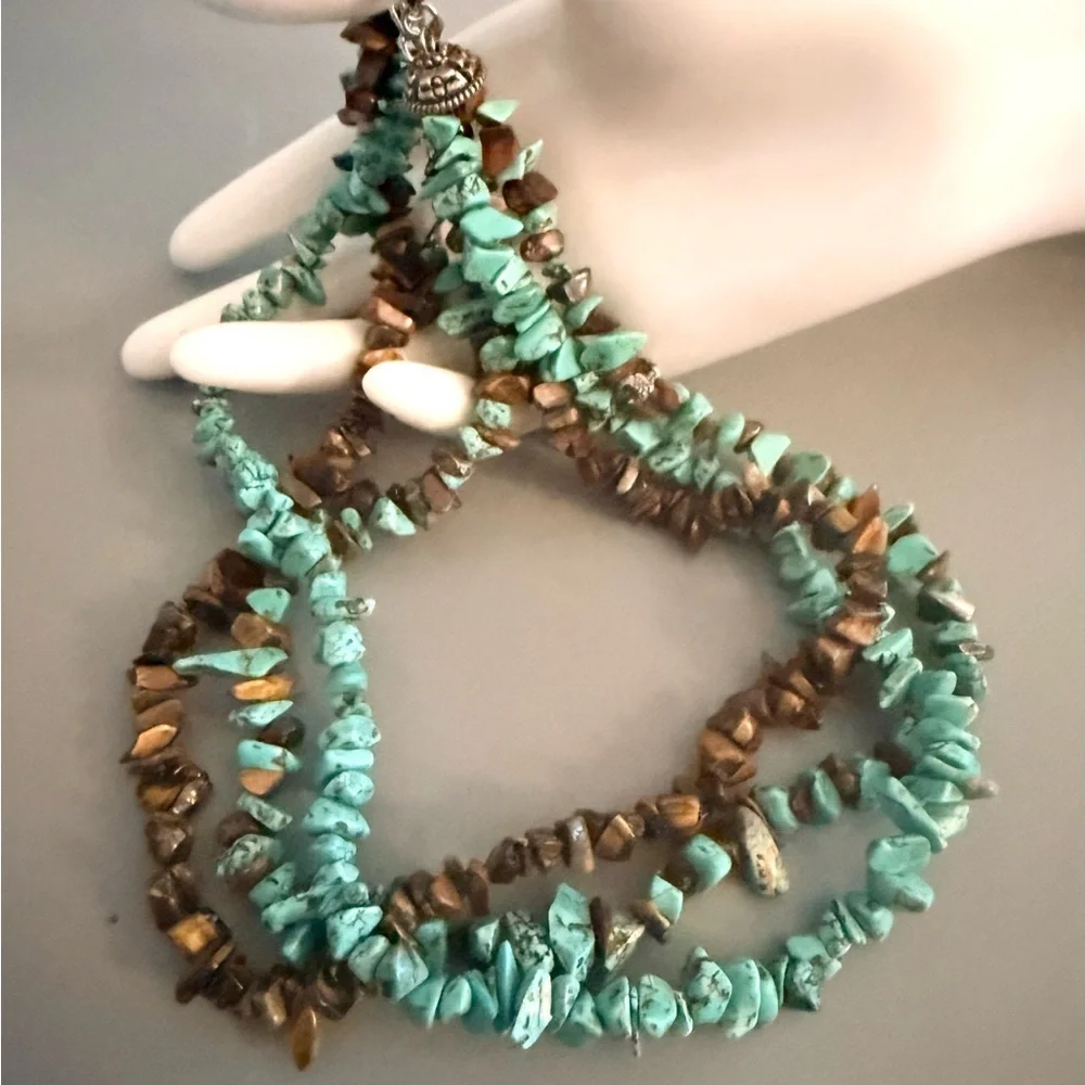 Turquoise and Tiger Eye BOHO Triple Strand Necklace 18 Inches